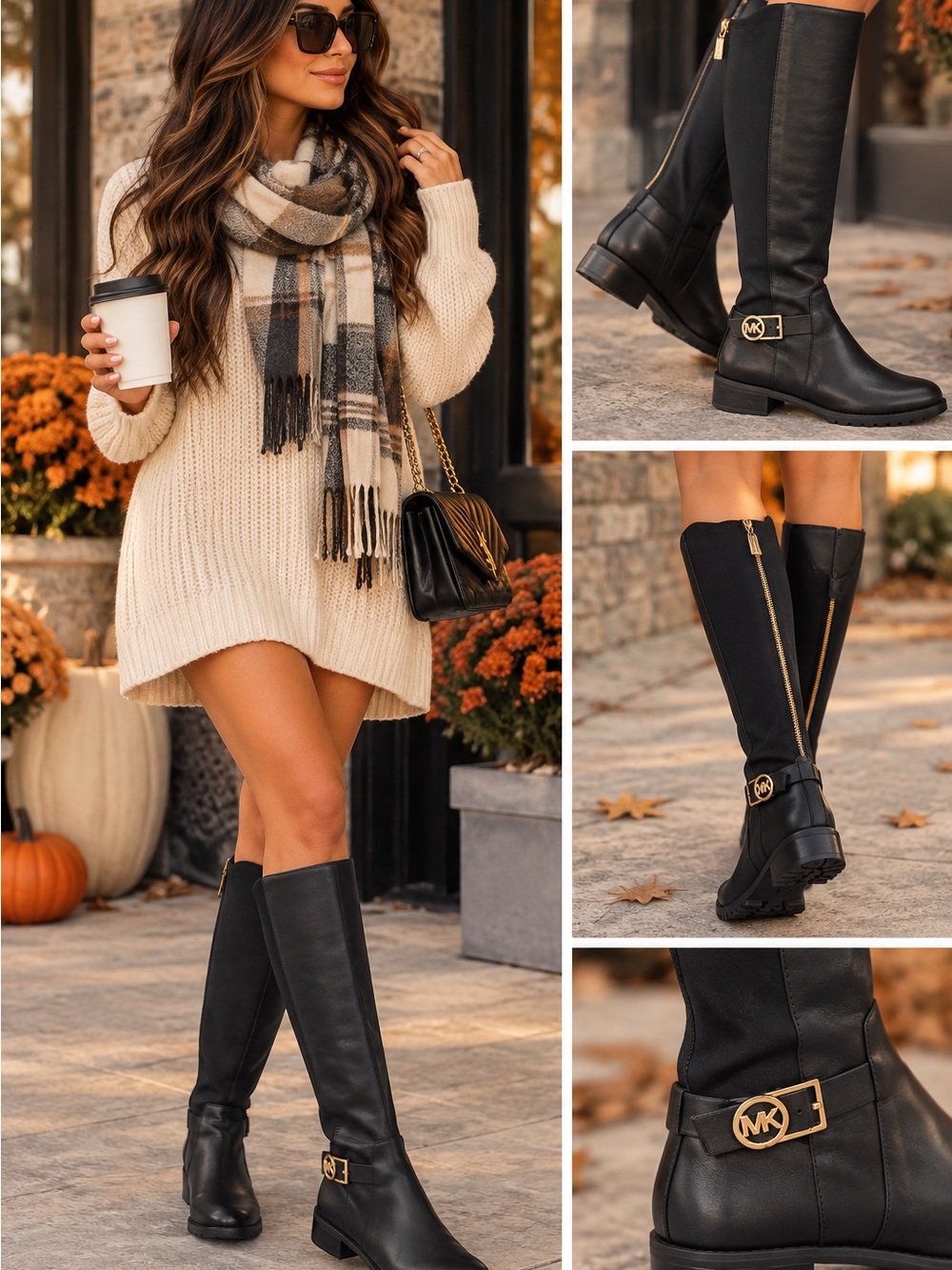 Michael Kors Black Leather Boot with Gold MK Emblem